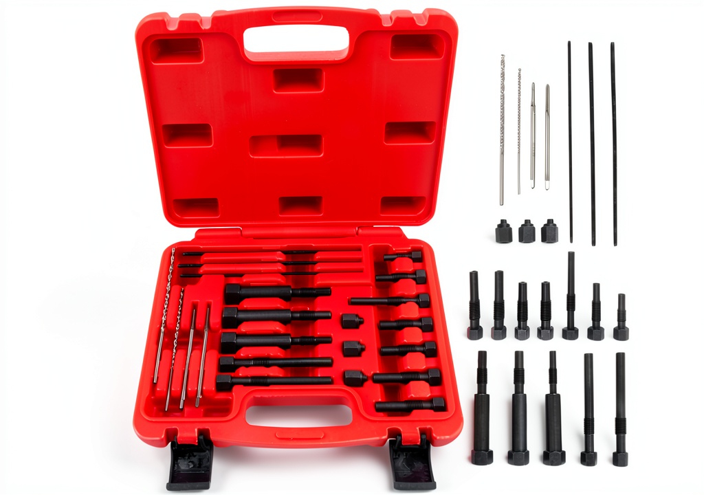 Installing Glow Plug Removal Tool Fxsomgt 22‑Piece Metal Kit on a wooden desk